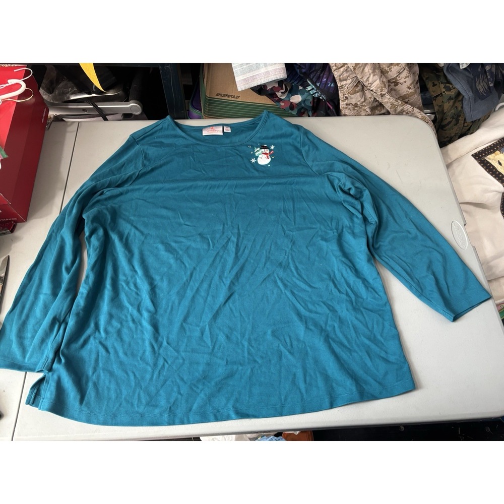 3X Teal Quacker Factory Embroidered Snowman Top